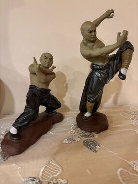 Vintage Hand-Painted Chinese Kungfu Figurine Set in Black and Tan